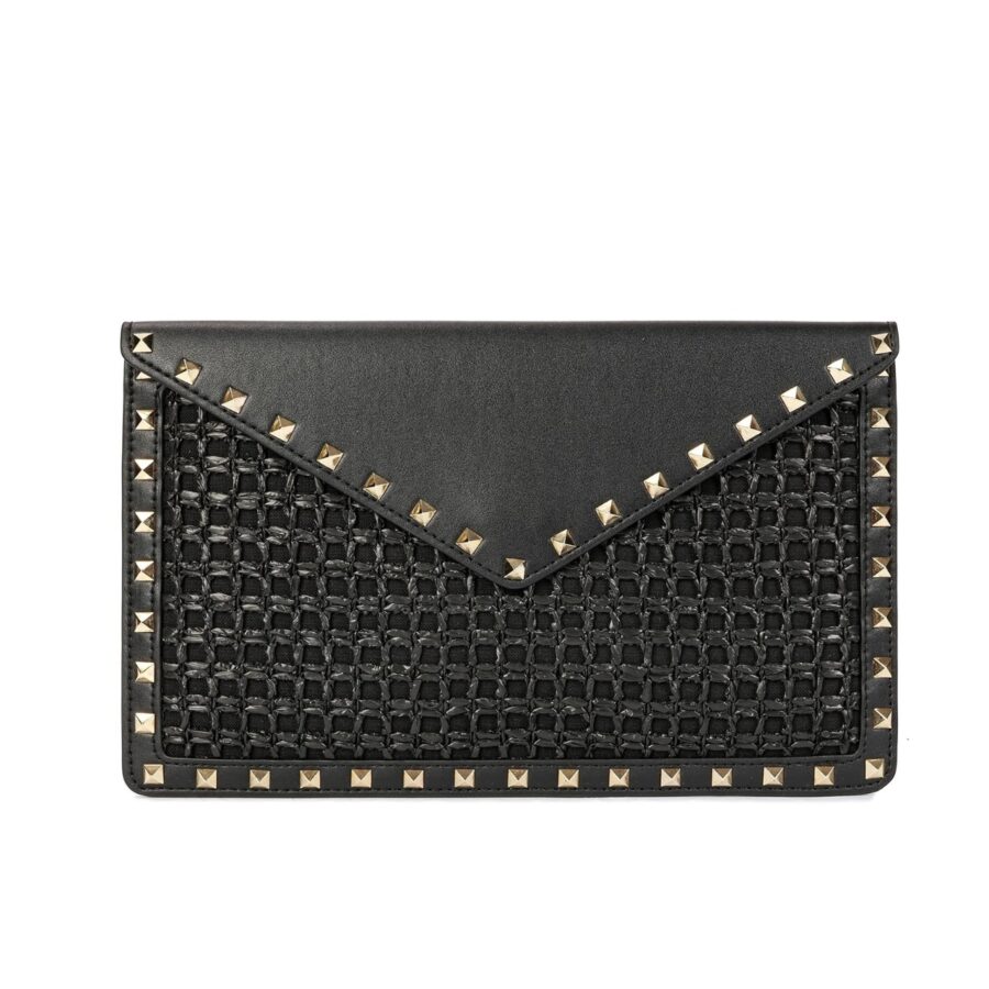Valentino Garavani Rockstud Raffia Clutch Bag In Black 28Cm