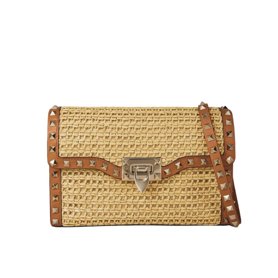 Valentino Garavani Rockstud Small Raffia Shoulder Bag Natural 22Cm