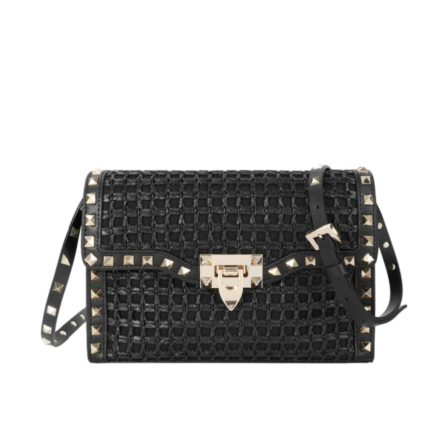 Valentino Garavani Rockstud Small Raffia Shoulder Bag Black 22Cm