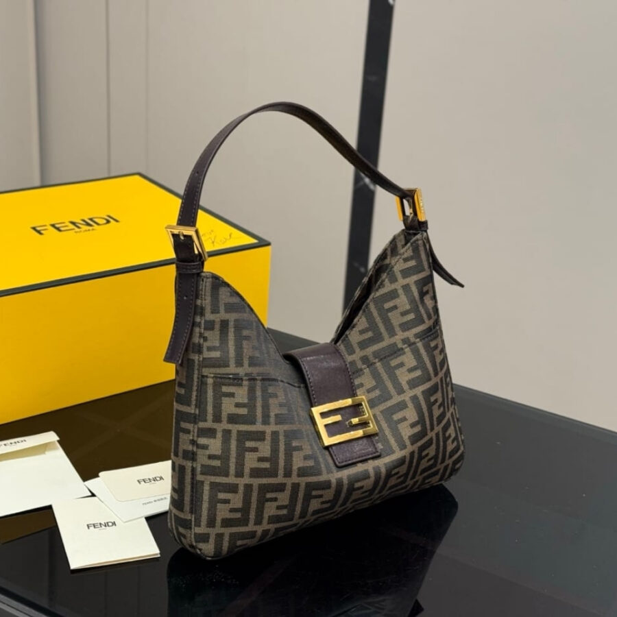 Alternative view of Fendi Zucca Baguette Canvas Leather Shoulder Bag Dark Brown 30cm