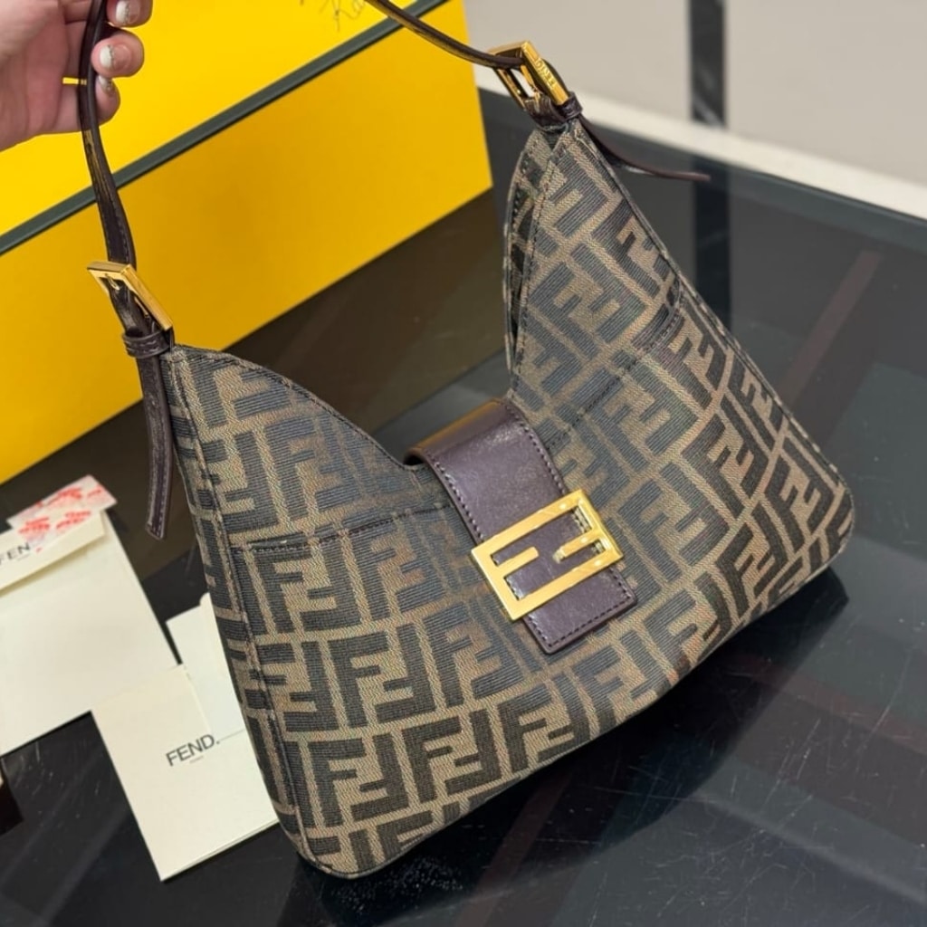 Fendi Zucca Baguette Canvas Leather Shoulder Bag Dark Brown 30cm - Image 3