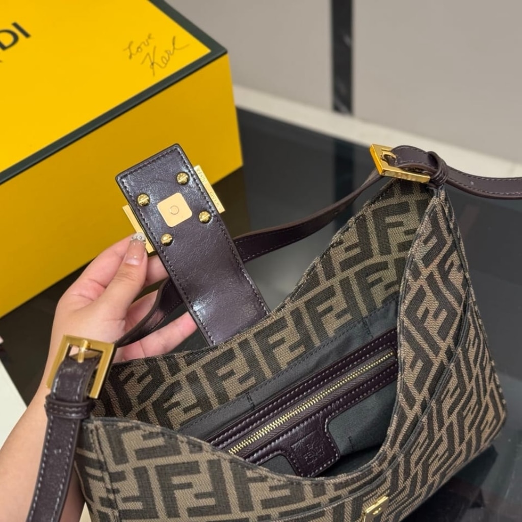 Fendi Zucca Baguette Canvas Leather Shoulder Bag Dark Brown 30cm - Image 4