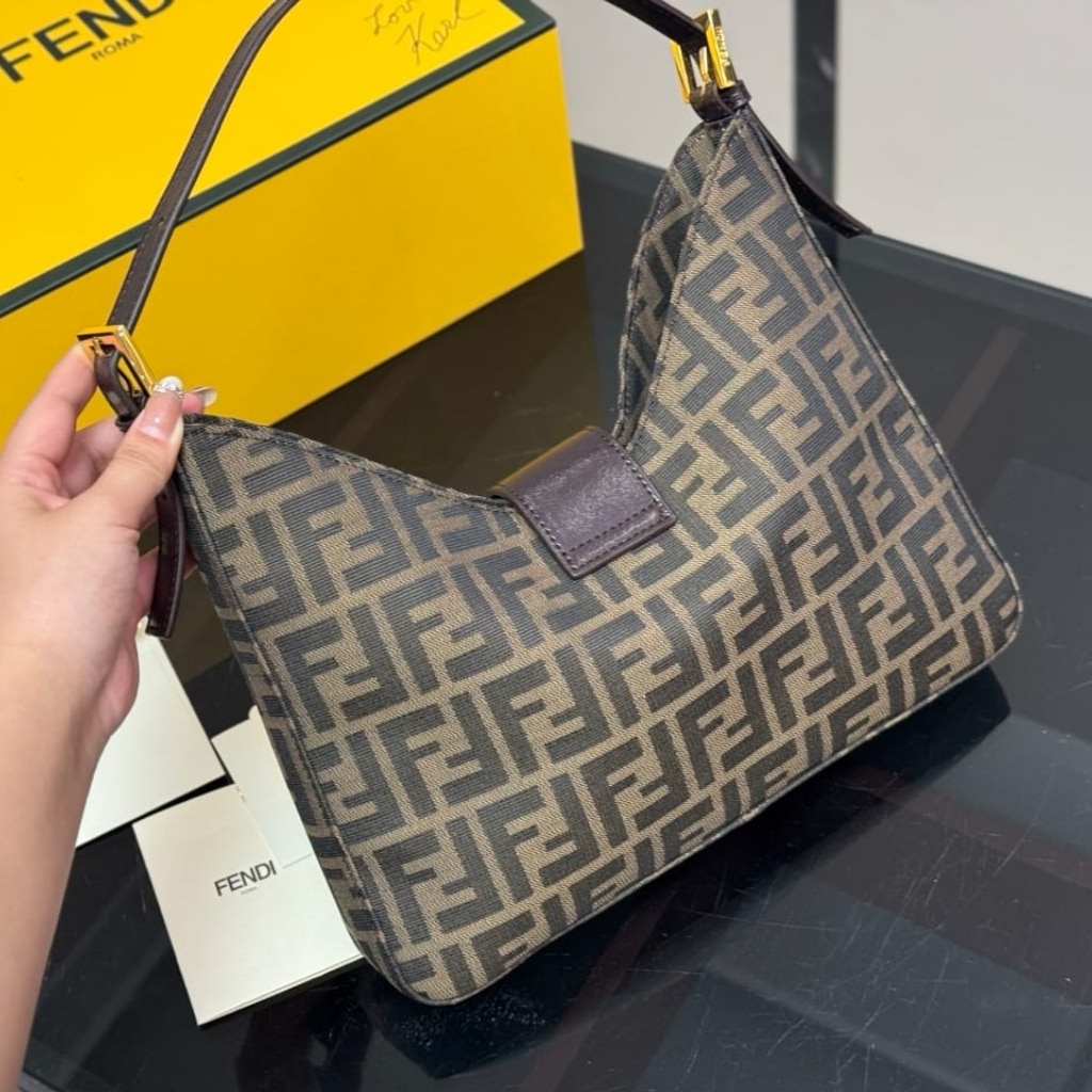 Fendi Zucca Baguette Canvas Leather Shoulder Bag Dark Brown 30cm - Image 5