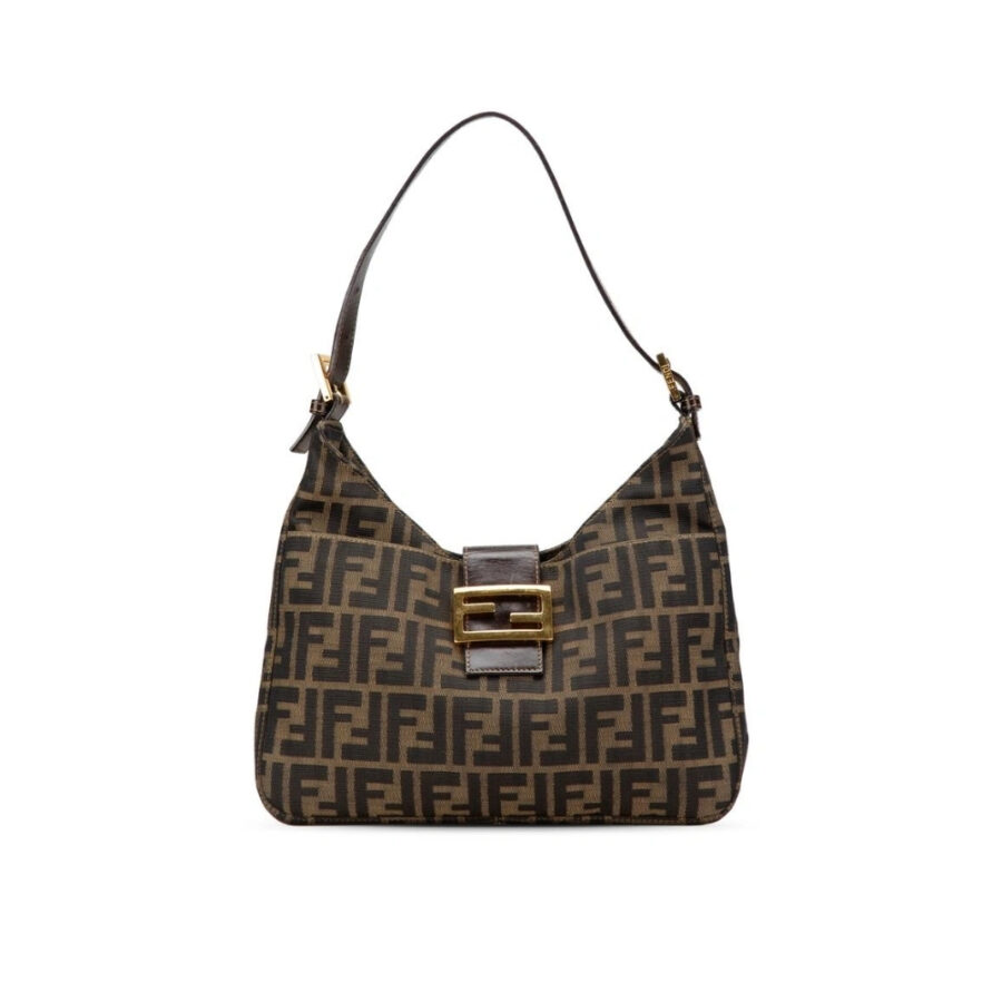 Fendi Zucca Baguette Canvas Leather Shoulder Bag Dark Brown 30cm