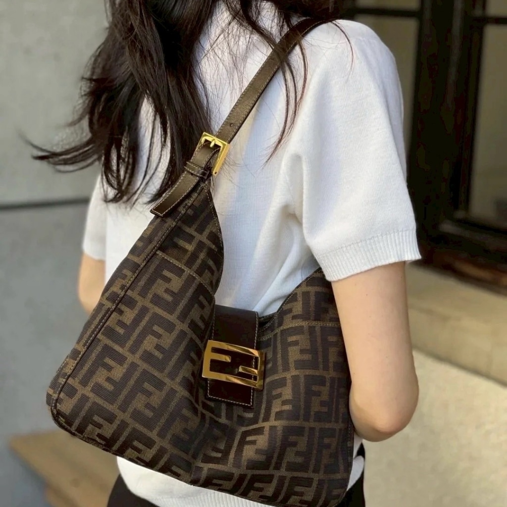 Fendi Zucca Baguette Canvas Leather Shoulder Bag Dark Brown 30cm - Image 7