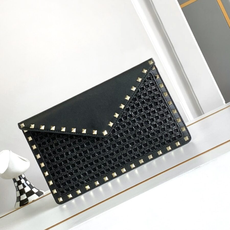 Alternative view of Valentino Garavani Rockstud Raffia Clutch Bag In Black 28Cm