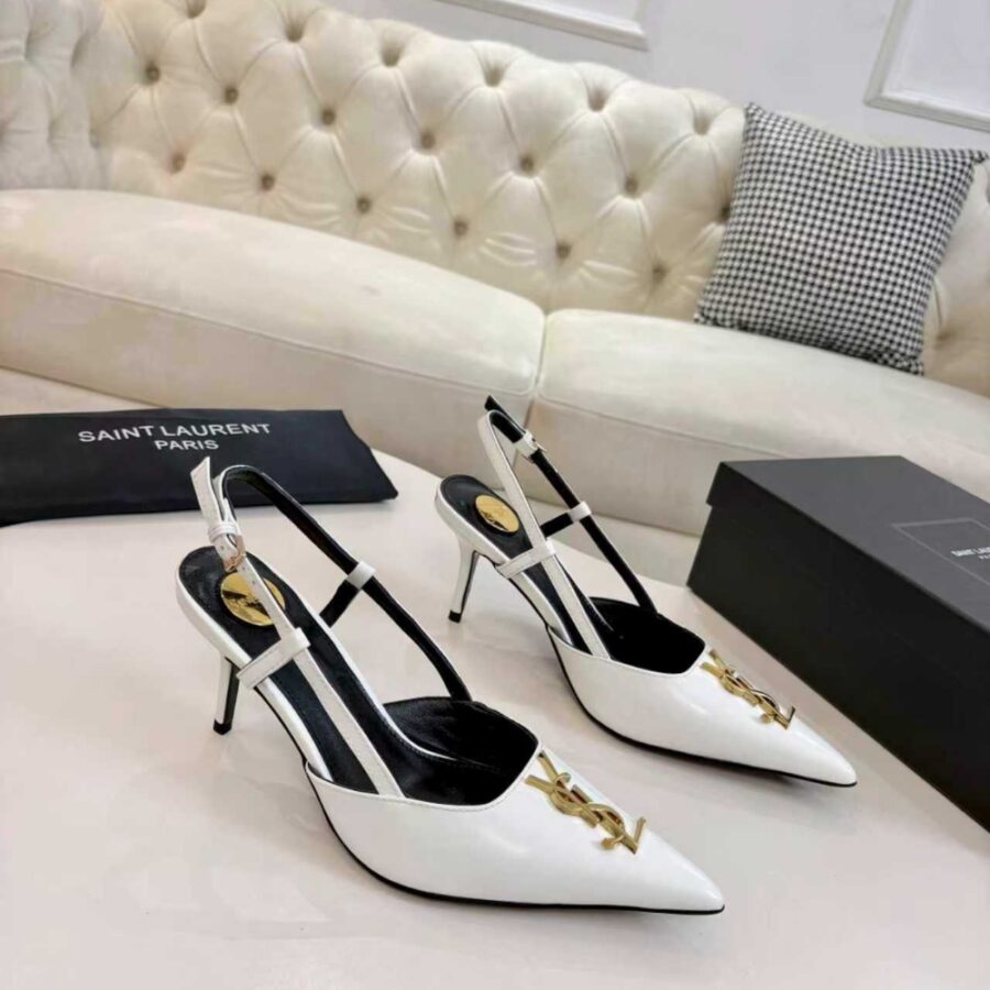 Alternative view of Saint Laurent Pointed Toe Slingback Pumps With Gold Tone Metal White