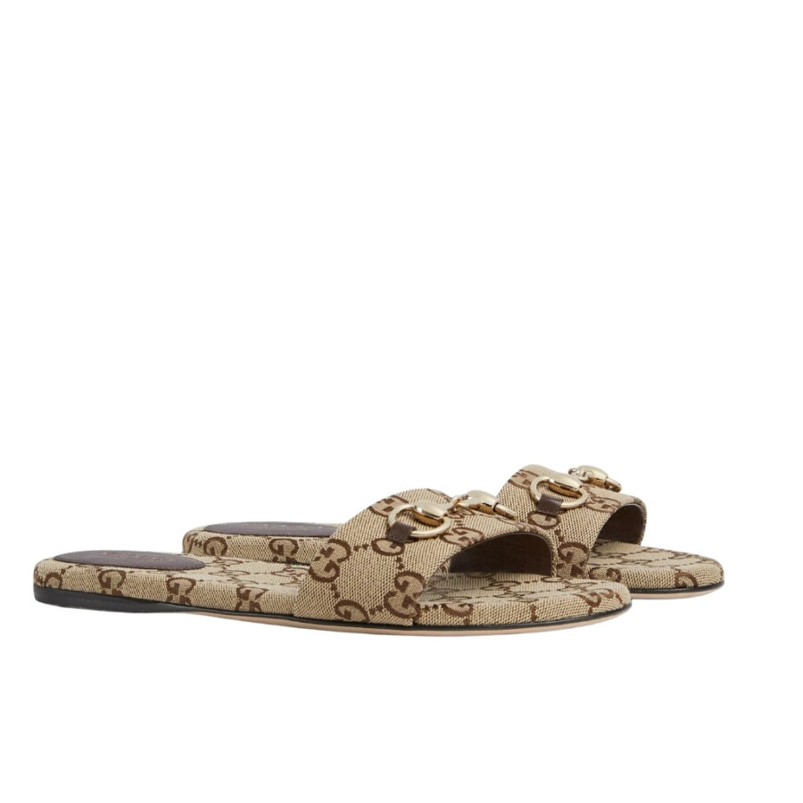 Gucci Women's Slide Sandal With Horsebit Beige And Dark Brown GG Canvas 835828 FAB10 2543