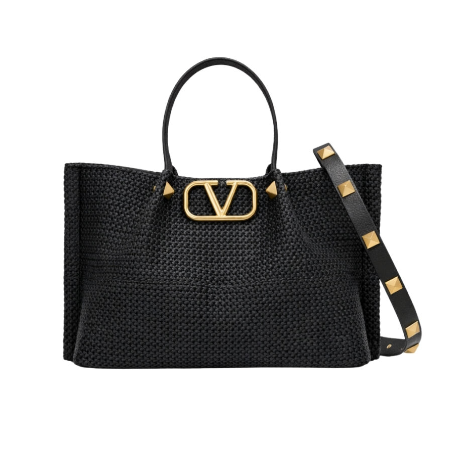 Valentino Garavani Medium Straw Summer Tote Black 35Cm