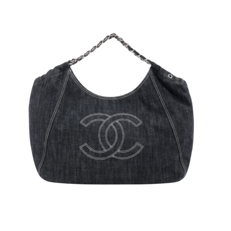 Chanel Large Tote Bag Black Denim Chain Strap 36Cm