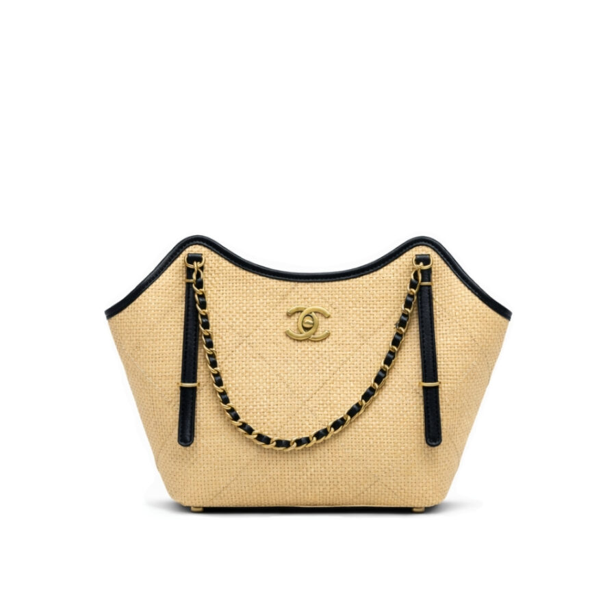 Chanel Small Shopping Bag Braided Raffia Effect Canvas And Gold Tone Metal In Beige 20Cm