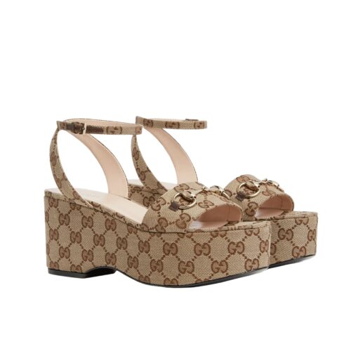 Gucci Women Horsebit Flatform Sandal Beige And Ebony 794718 2Hk80 9741