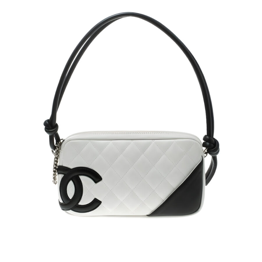 Chanel Cambon Pochette Quilted Leather White And Black 22Cm