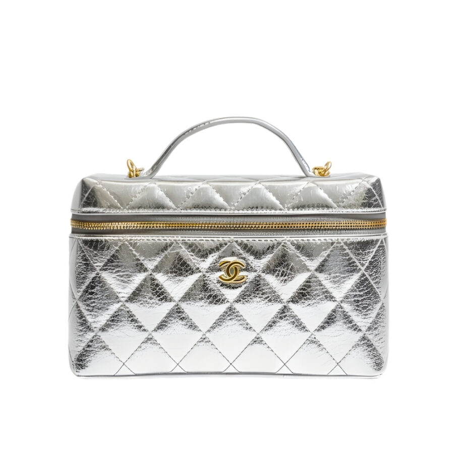 Chanel Vanity Case With Chain Metallic Silver 20Cm