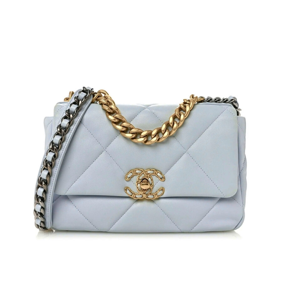Chanel 19 Flap Bag Shiny Gold And Silver Tone Light Blue 26Cm