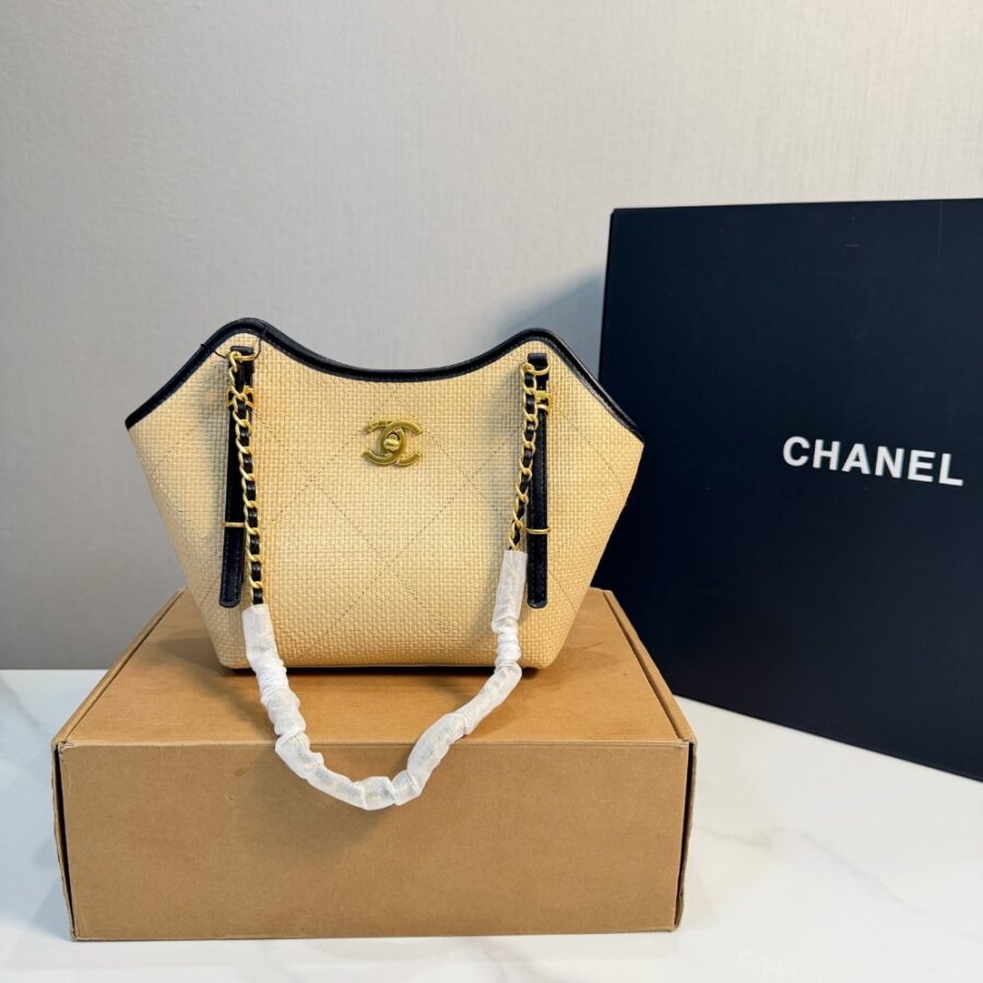 Alternative view of Chanel Small Shopping Bag Braided Raffia Effect Canvas And Gold Tone Metal In Beige 20Cm