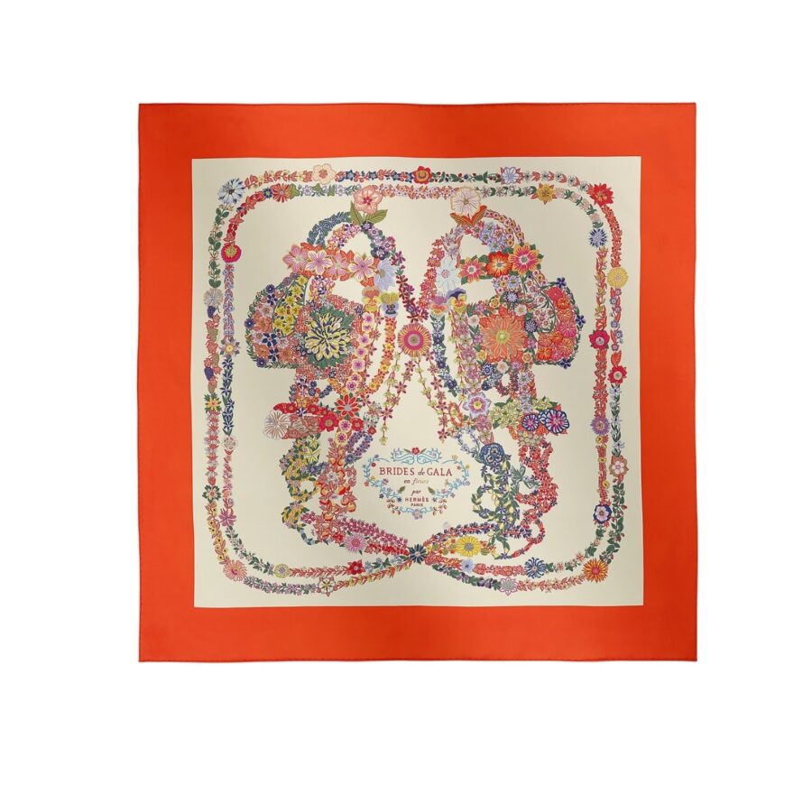 Hermes Brides De Gala En Fleurs Scarf 90Cm Vermillon H004192S 04