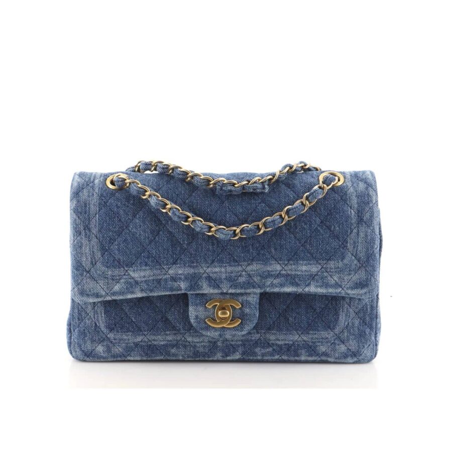 Chanel Classic Double Flap Bag Quilted Printed Denim Medium Blue 25Cm