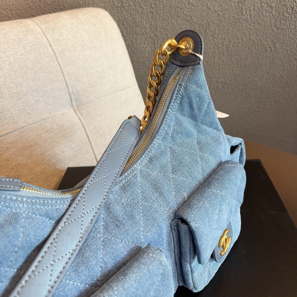 Chanel Large Hobo Bag Washed Denim And Gold Tone Metal Blue 31Cm AS5339 B19251 NG353 - Image 3