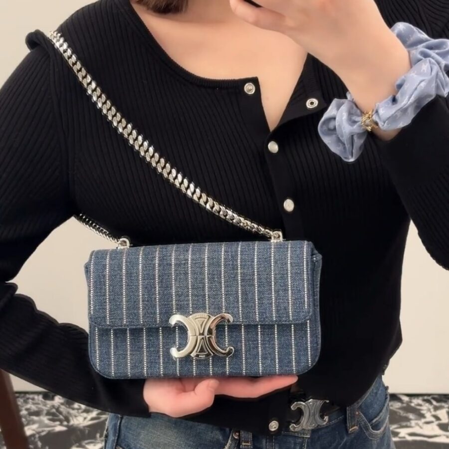 Alternative view of Celine Chain Shoulder Bag Claude In Striped Denim With Strass Blue 20Cm 115202Gfg 07Fx