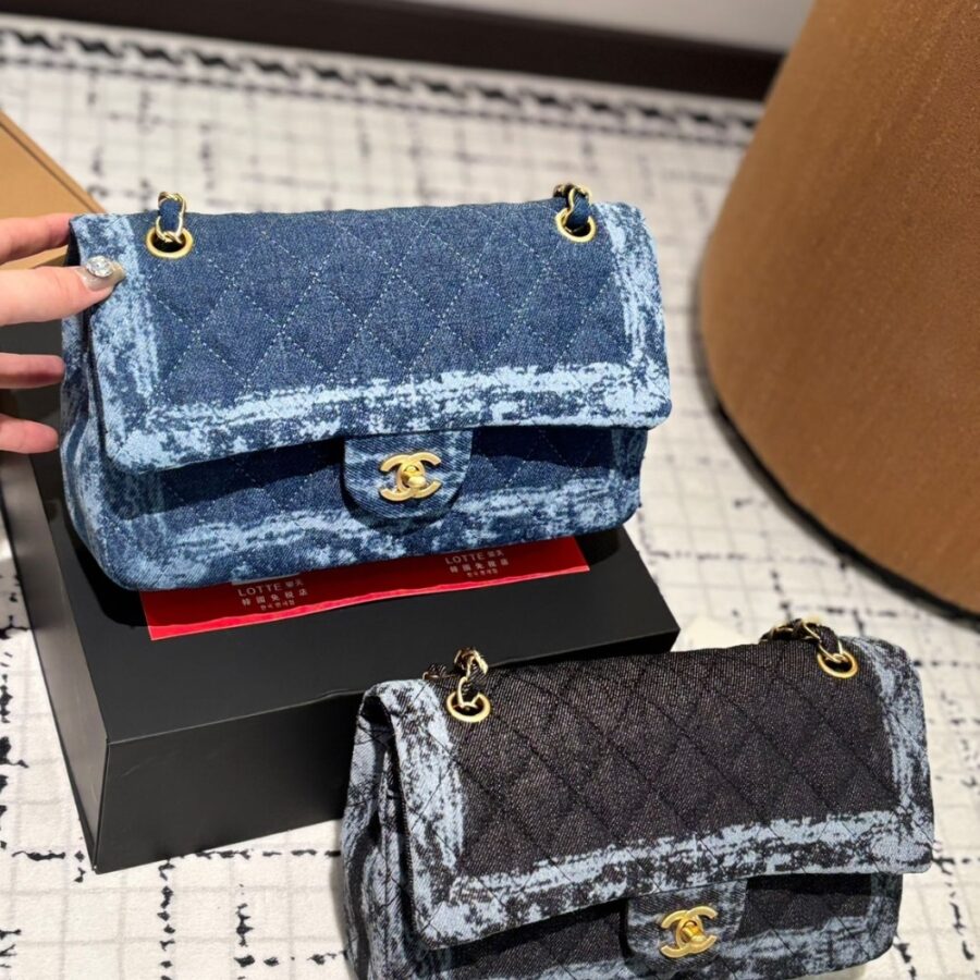 Alternative view of Chanel Classic Double Flap Bag Quilted Printed Denim Medium Blue 25Cm