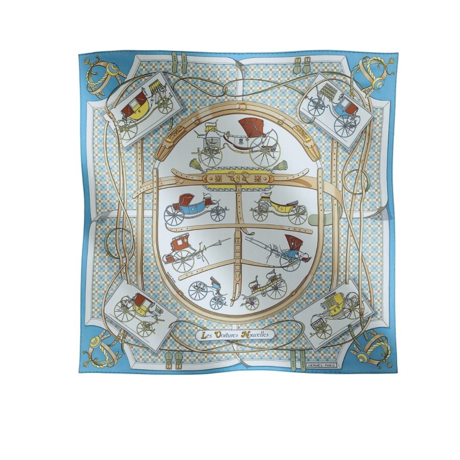 Hermes Les Voitures Nouvelles Scarf Pale Blue And White 90Cm H984108S 04