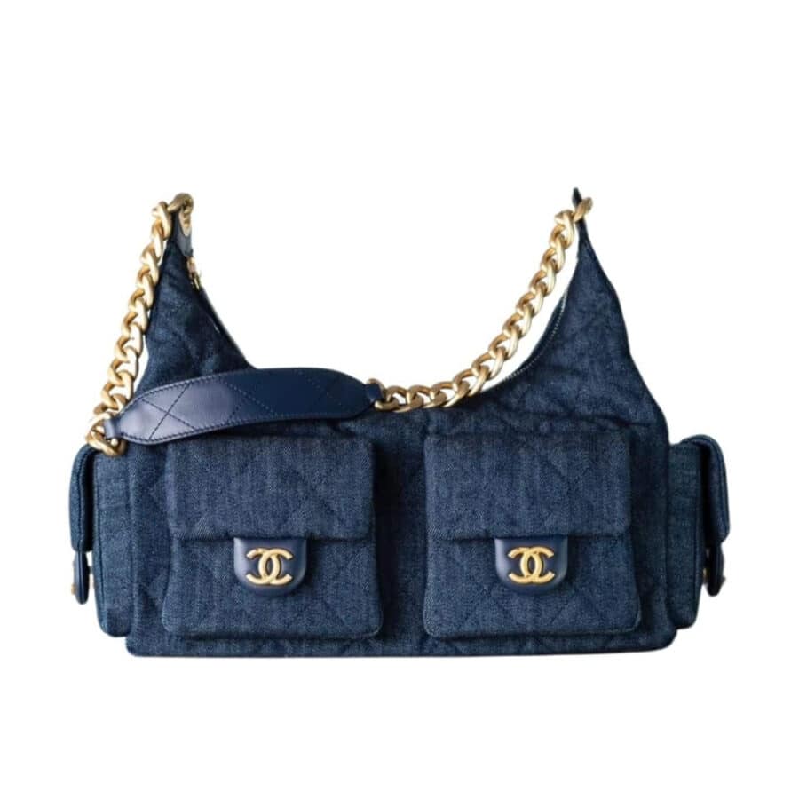 Chanel Large Hobo Bag Washed Denim And Gold Tone Metal Dark Blue 31Cm