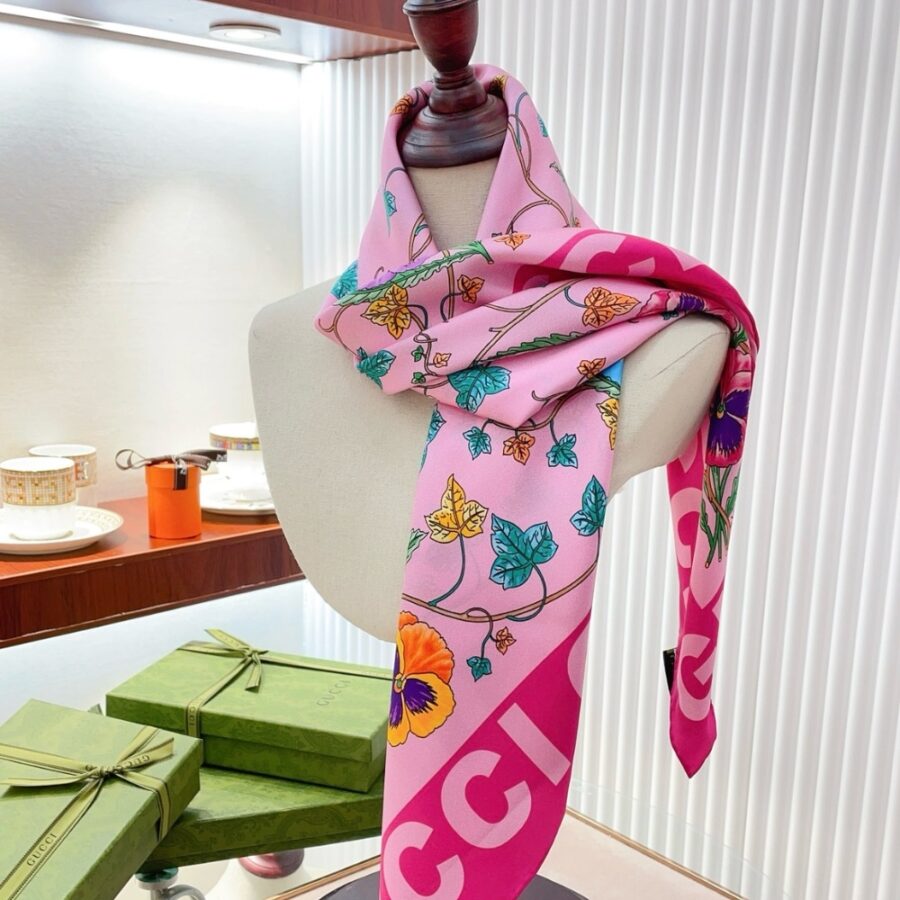 Alternative view of Gucci Floral Print Silk Scarf In Ivory In Pink 90Cm