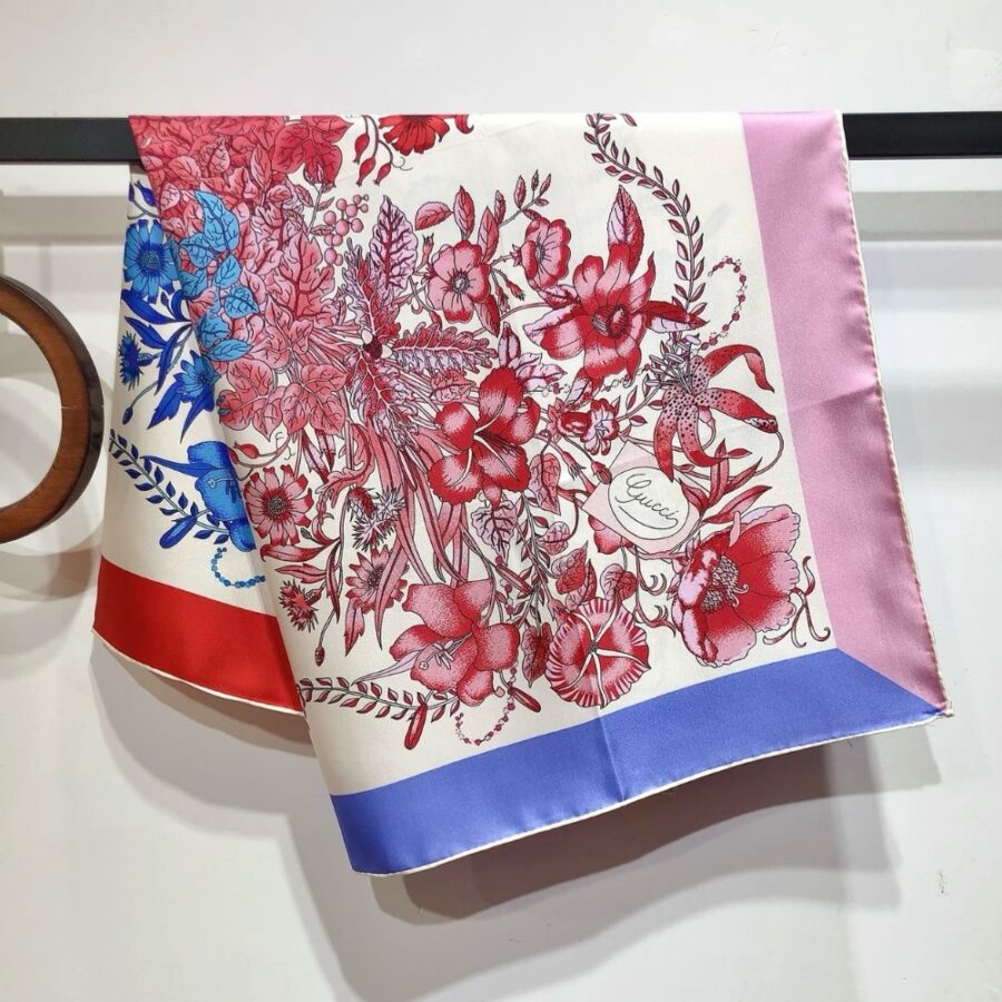 Alternative view of Gucci Floral Print Silk Square Scarf In Blue And Red 90Cm