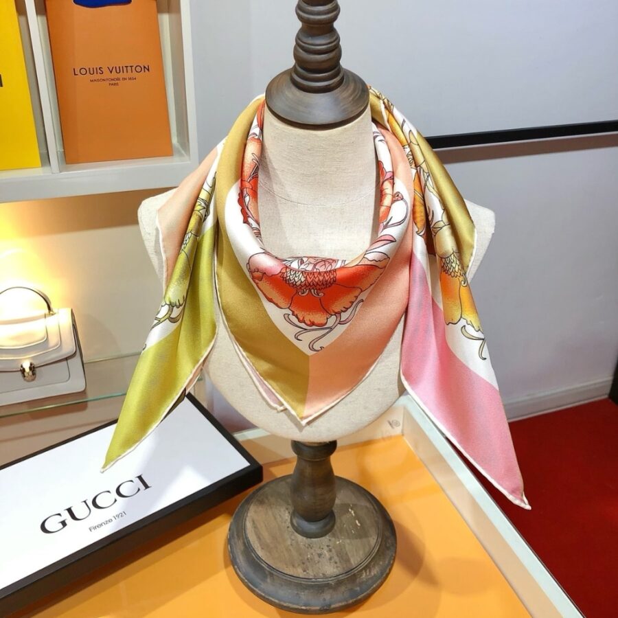 Alternative view of Gucci Floral Print Silk Square Scarf In Pink And Yellow 90Cm