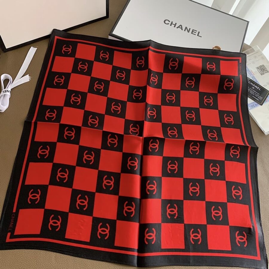 Alternative view of Chanel Square Motif Cc Logo Silk Scarf Red And Black 70Cm