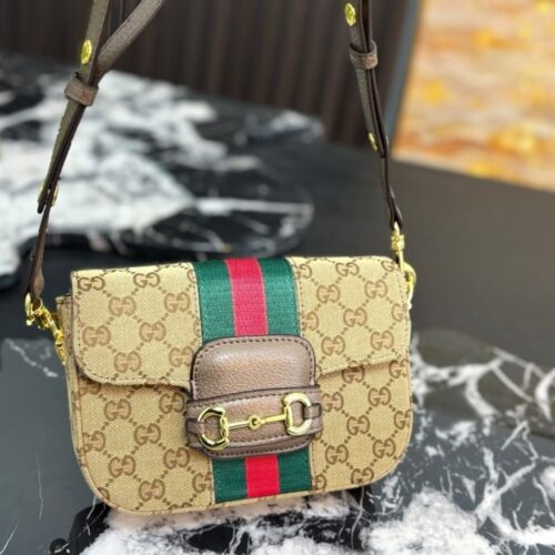 Alternative view of Gucci Horsebit 1955 Small Shoulder Bag Sand And Brown GG Canvas 21cm 866762 FAFV9 9653