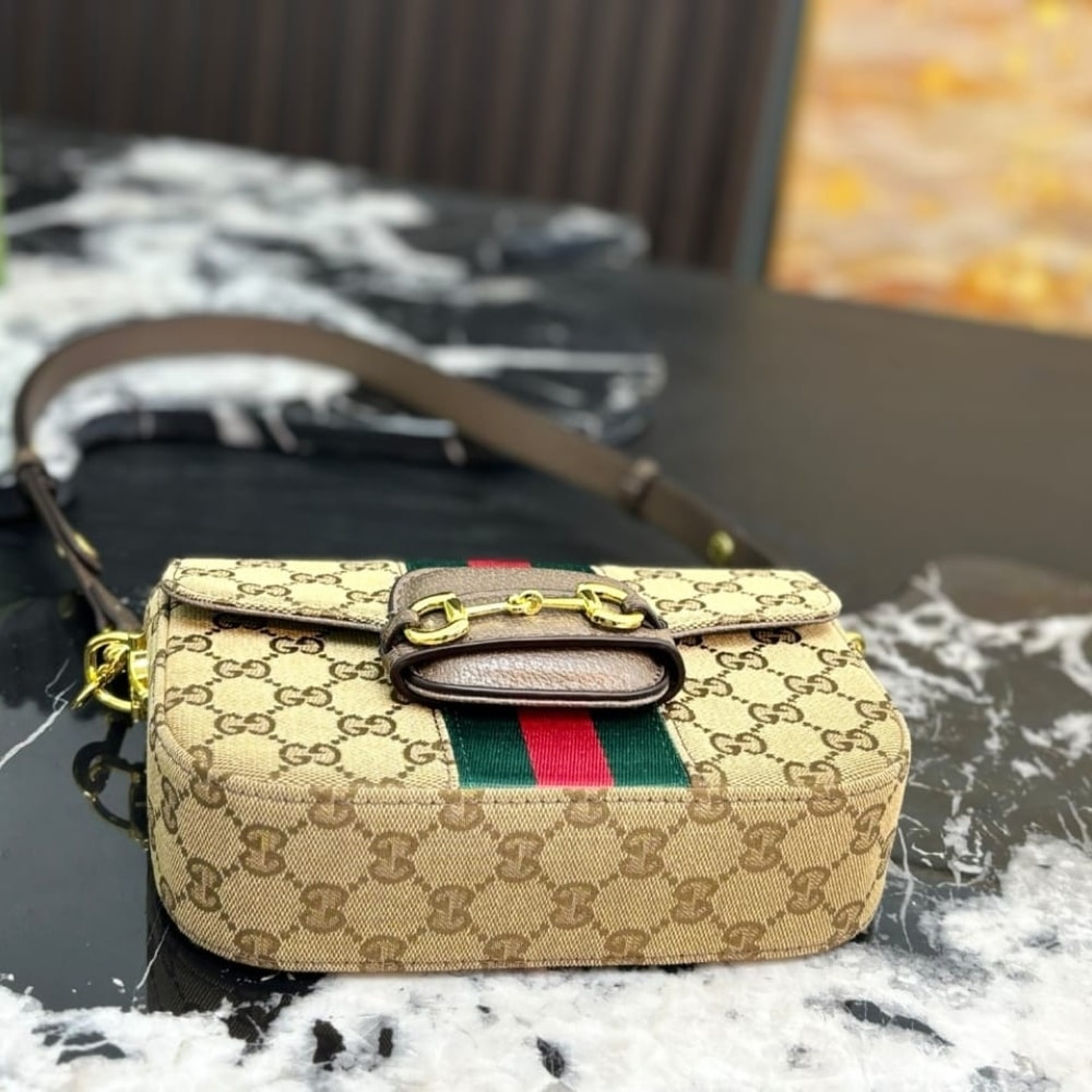 Gucci Horsebit 1955 Small Shoulder Bag Sand And Brown GG Canvas 21cm 866762 FAFV9 9653 - Image 6