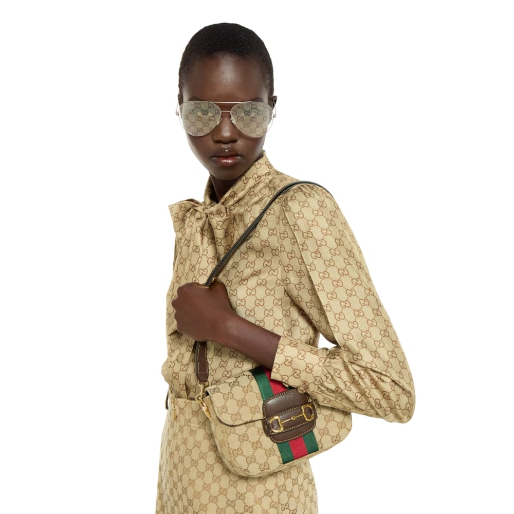 Gucci Horsebit 1955 Small Shoulder Bag Sand And Brown GG Canvas 21cm 866762 FAFV9 9653 - Image 9