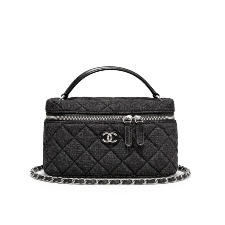 Chanel Classic Vanity With Chain Silver Tone Denim Black 19cm