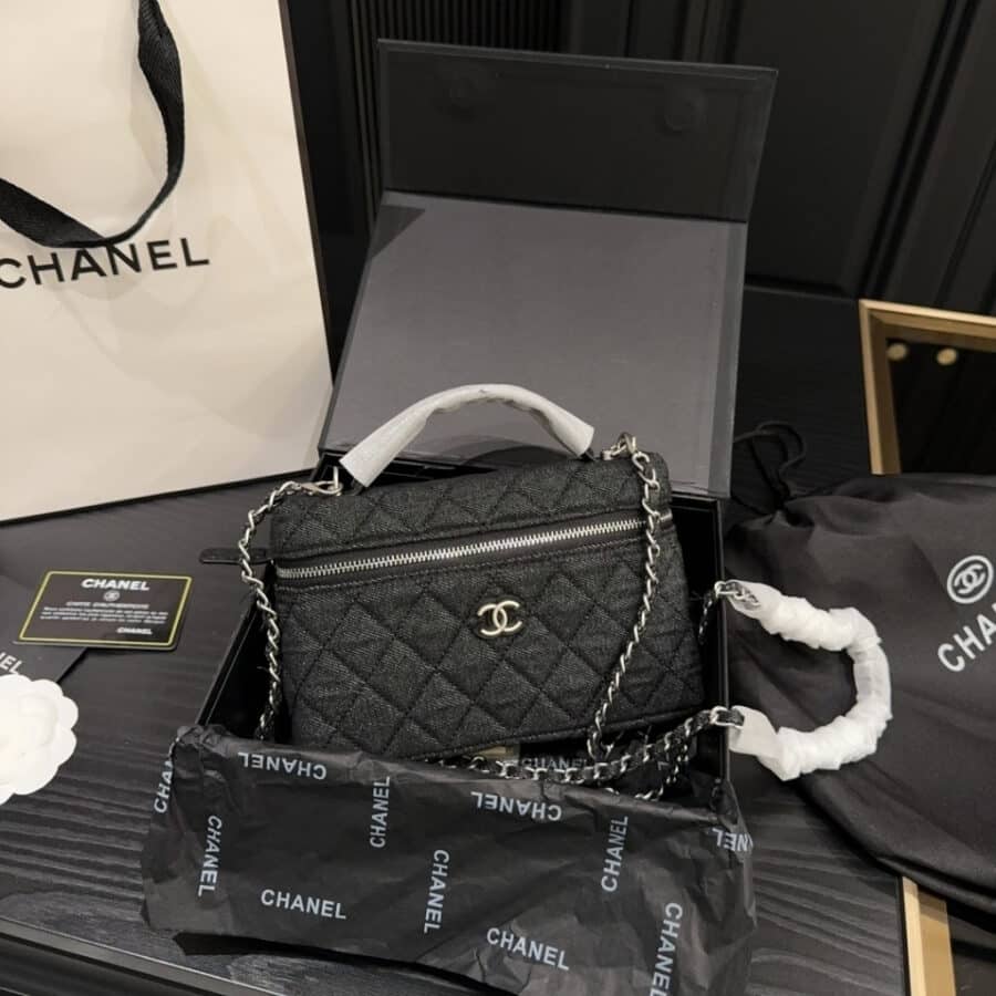 Alternative view of Chanel Classic Vanity With Chain Silver Tone Denim Black 19cm