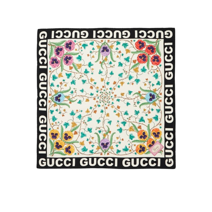Gucci Floral Print Silk Scarf In Ivory In Black And White 90Cm 7438763G0019260