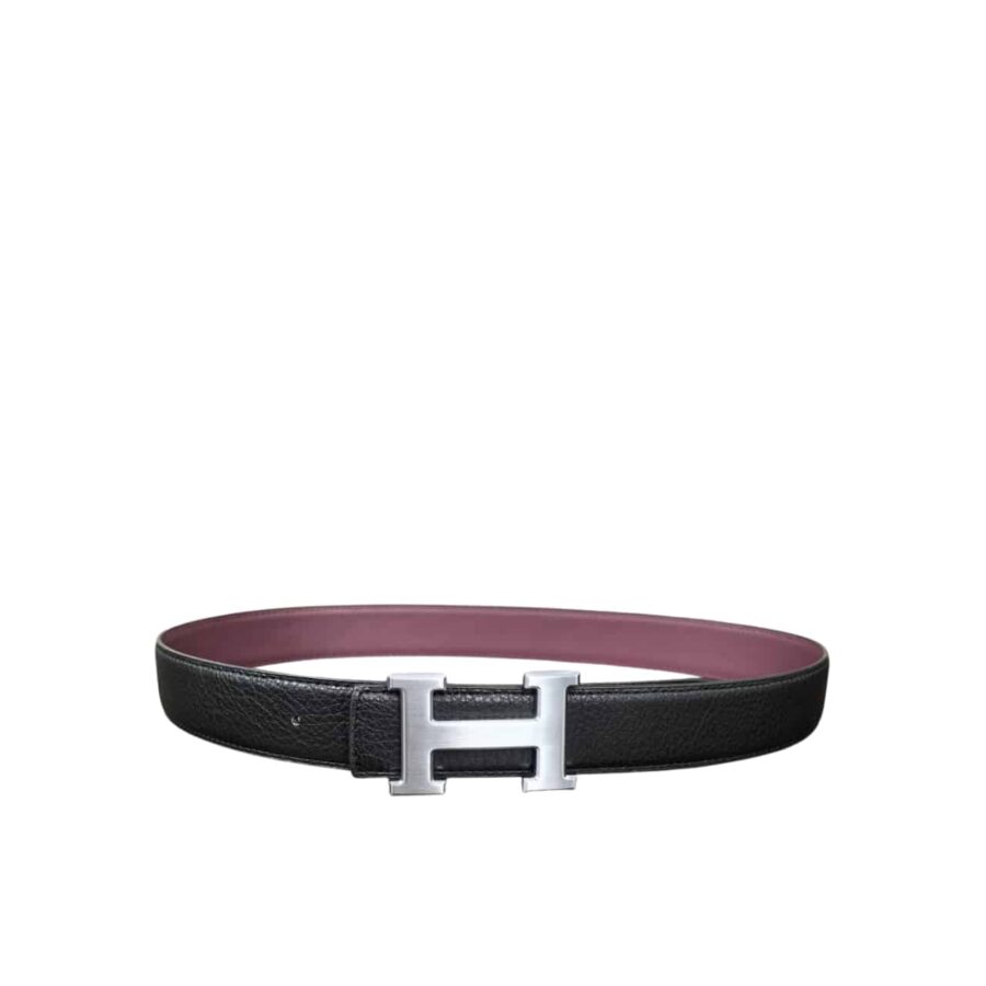 Hermès H Reversible Leather Belt Black And Silver 25Mm