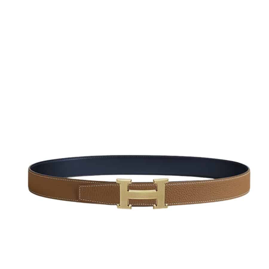 Hermes H Guillochee Belt Buckle And Reversible Leather Strap 32Mm Gold Brown H064540Cc06
