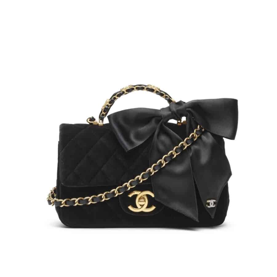 Chanel Mini Flap Bag With Top Handle Velvet Silk And Gold Tone Metal Black 20Cm As5875 B22481 94305