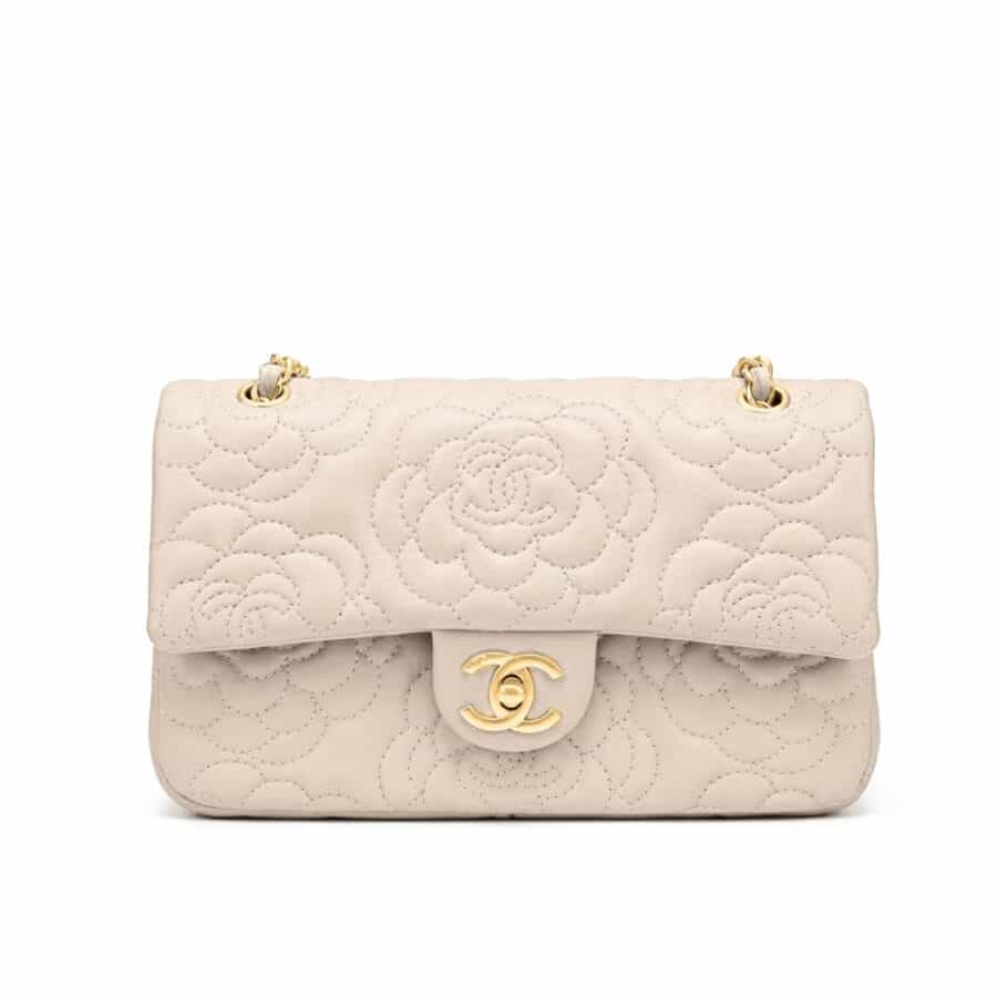 Chanel Flap Bag With Camellia Flower Chain Beige 26Cm