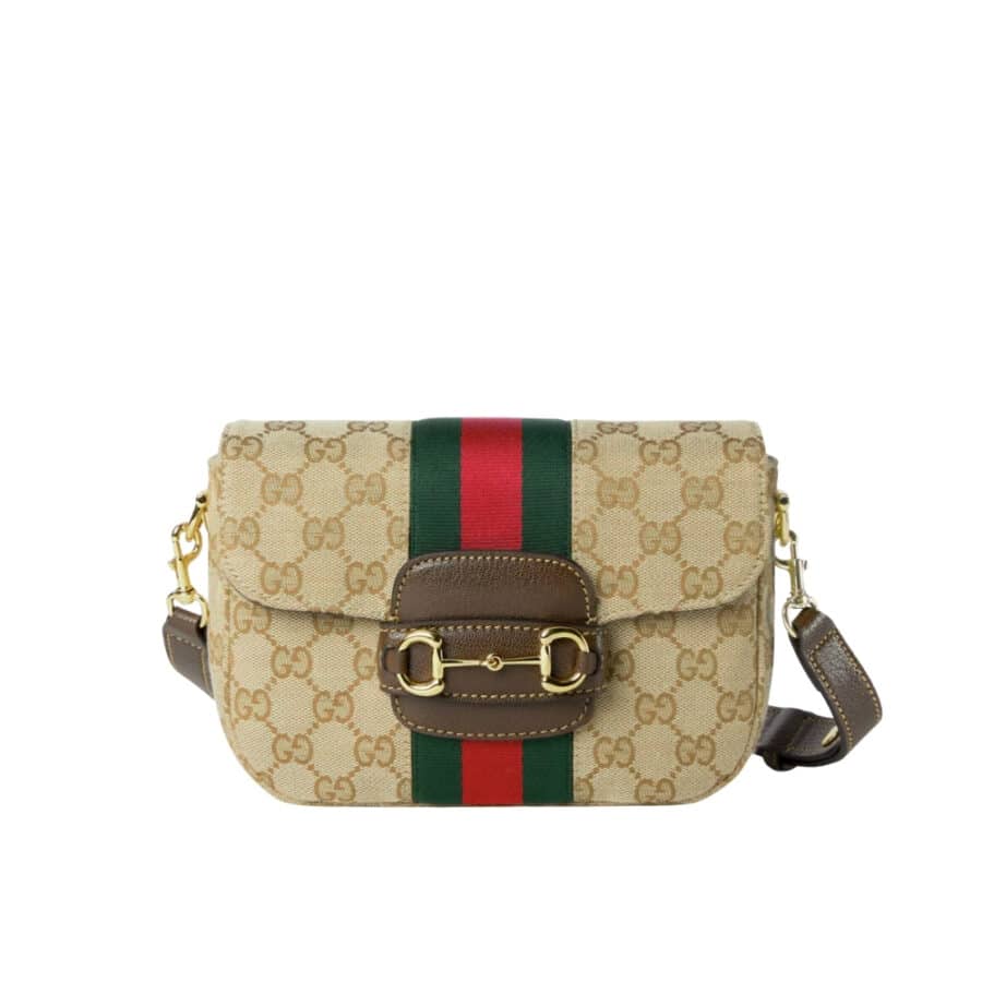 Gucci Horsebit 1955 Small Shoulder Bag Sand And Brown GG Canvas 21cm 866762 FAFV9 9653