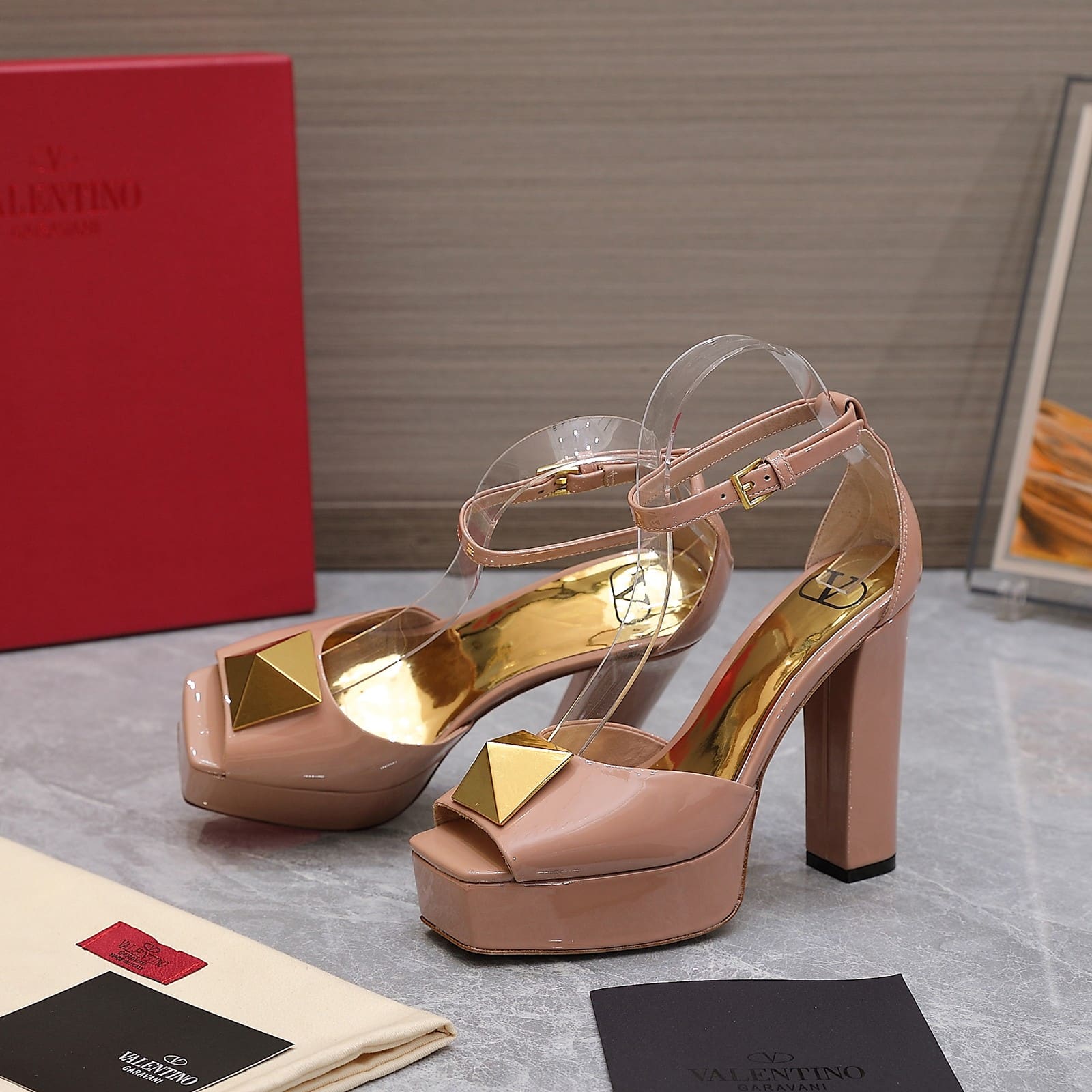 Valentino Garavani Open Toe Pump One Stud Platform Patent Leather Rose Cannelle 1W2S0EA3LAF GF9 - Image 3