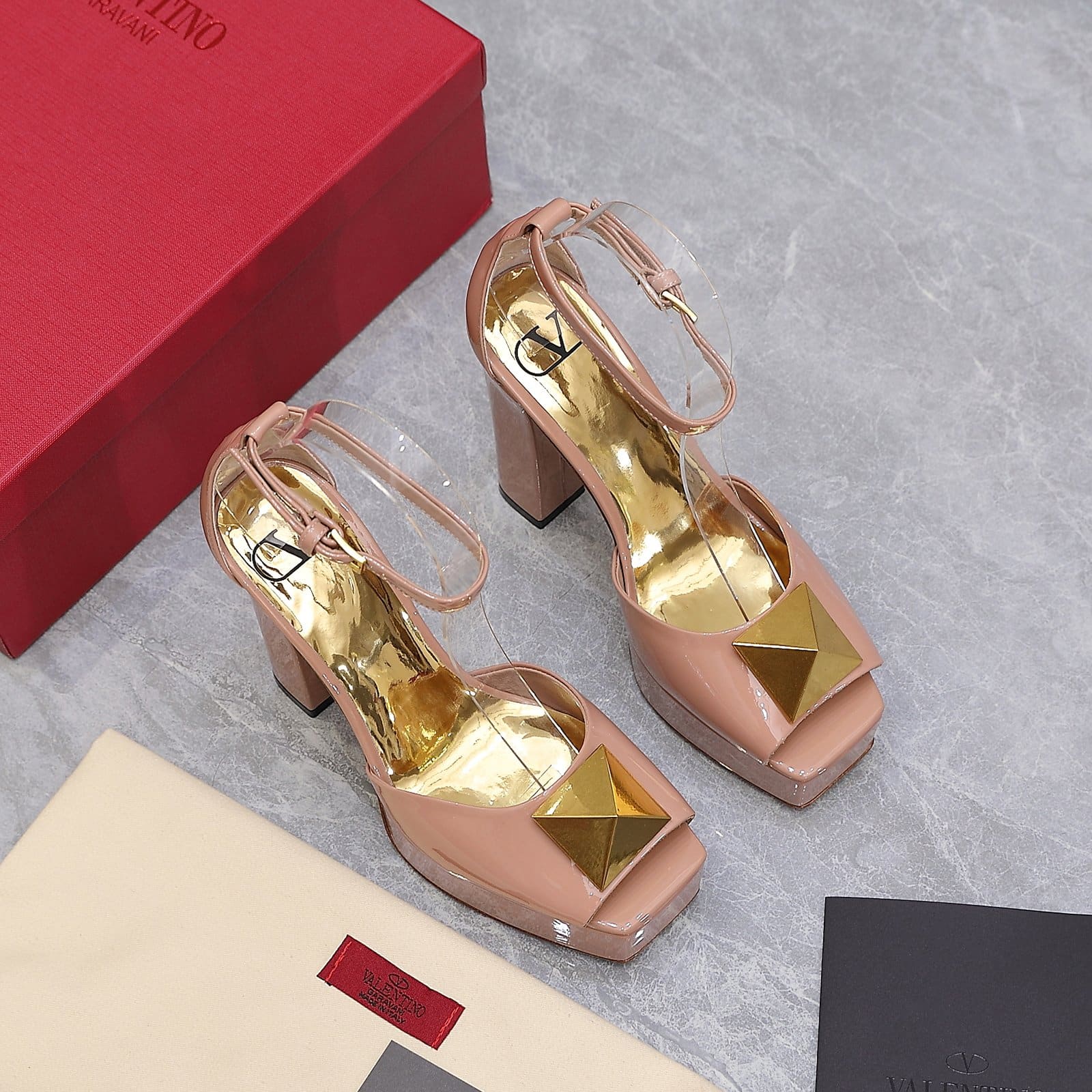 Valentino Garavani Open Toe Pump One Stud Platform Patent Leather Rose Cannelle 1W2S0EA3LAF GF9 - Image 4