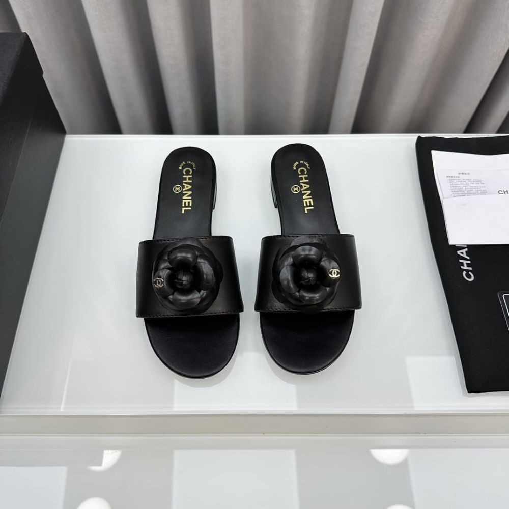 Chanel Camellia Slide Flat Sandals Black - Image 3