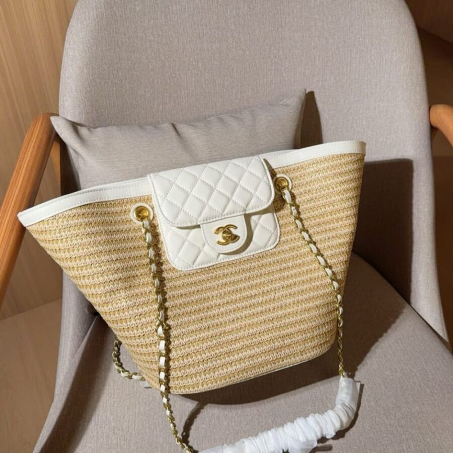 Alternative view of Chanel Small Shopping Bag Braided Straw Beige White 25Cm