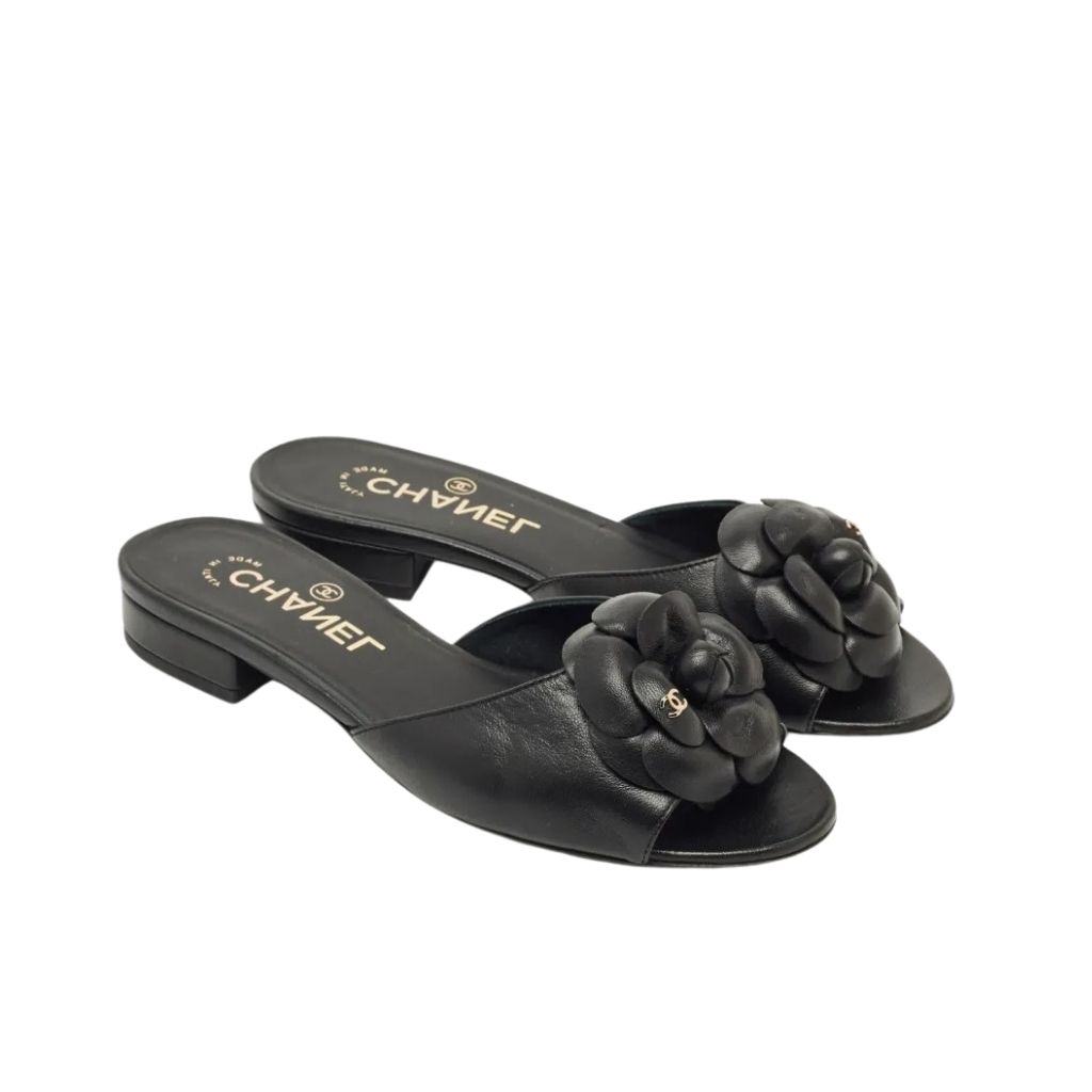 Chanel Camellia Slide Flat Sandals Black