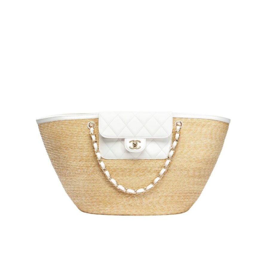 Chanel Small Shopping Bag Braided Straw Beige White 25Cm