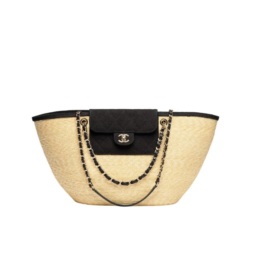 Chanel Small Shopping Bag Braided Straw Beige Black 25Cm