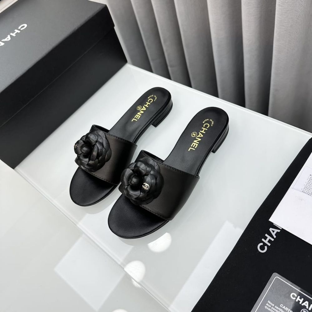 Chanel Camellia Slide Flat Sandals Black - Image 4
